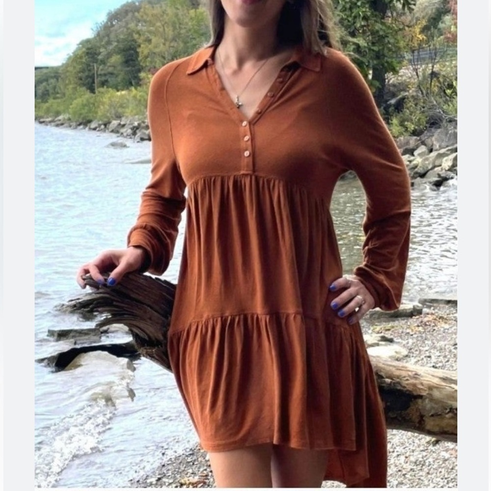 Free People Tiered Keyhole Boho Rayon Blend Long Sleeve Dress Rust Size XS